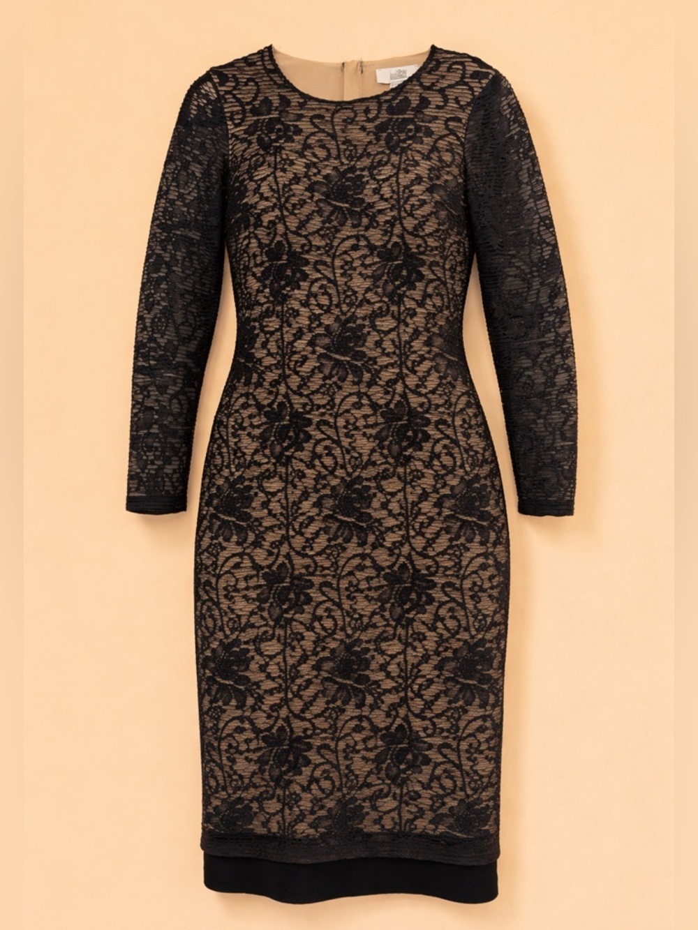 Badgley Mischka Black Lace Midi Dress with Nude Underlay